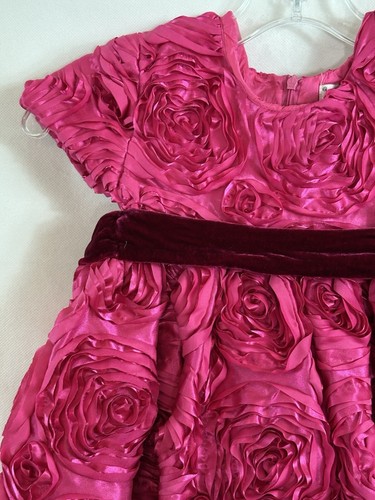 Hala Baloo Size 4 Pink Rosette Pattern Satin Holiday Party Dress Velvet Tie Belt - Picture 3 of 21