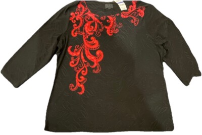 HM Collection Women s XL Dressy Black & Red 3/4  Sleeve Top NWT