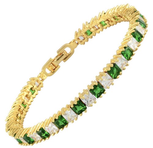 Yellow gold Finish Green Emerald & created diamond Princess Cut tennis bracelet - Picture 7 of 9