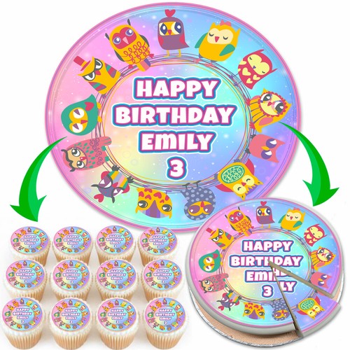 CUTE OWLS PERSONALISED BIRTHDAY PARTY EDIBLE CAKE TOPPER & CUPCAKE TOPPERS E282 eBay