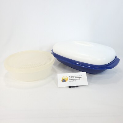 Tupperware Bundle #1273 Microwave Steamer #1830 Strainer Blue White