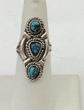 VTG Native American Sterling Silver Bezel-Set Turquoise Stones Ring..Size 6