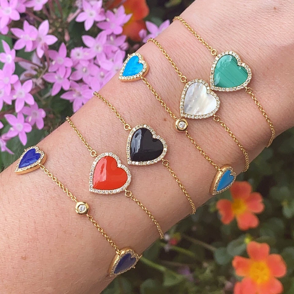 Браслет из желтого золота 14 карат с перламутровым сердцем и бриллиантами - Изображение 2 из 2