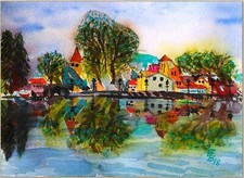 Original Aquarell Malerei Fluß Enzblick Kunstgemälde Landschaft Unikat