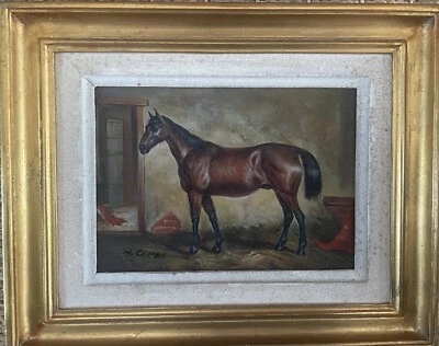 Tableau Huile Sur Panneau Cheval Écurie Horse Stable Painting Oil Board Signed - Photo 1/4