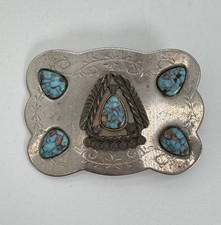 Vintage 80s Southwest Western Silver Toned Turquoise Aztec Style Belt Buckle