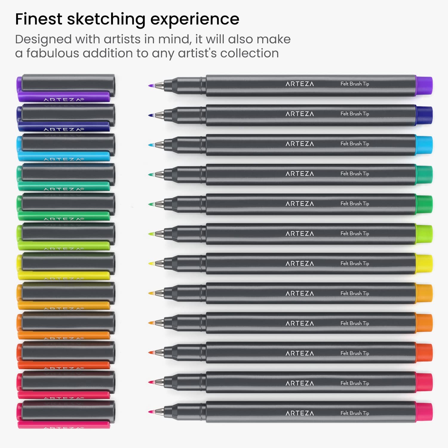ARTEZA Felt Tip Pens, Set of 12 Bright Brush Tip Calligraphy Pens for Note Takin