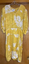 Vintage 80s Flora Kung Women's 14, 100 Silk Yellow  White Floral Print Dress