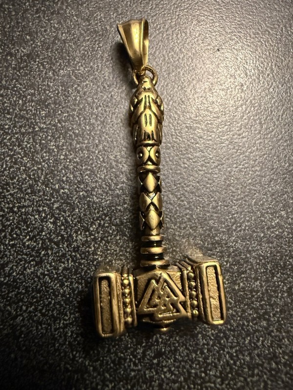 Heavy Metal Viking Mjolnir - Wolf Head Handle & Valknut Symbol - Gold Finish