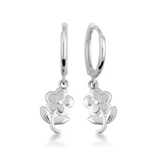 .925 Sterling Silver Flower Daisy Drop Huggie Hoop Earrings