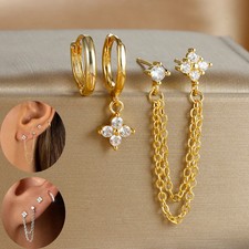 Flower Hoop Earrings Stainless Steel Simulated Zircon Chain Tassel Huggie 3PCS