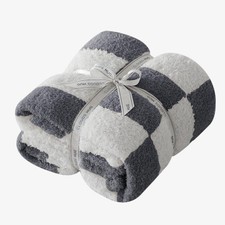Checkered Throw Blanket For Couch Soft Knit Bed Blanket Fluffy Dark Grey 50x60
