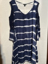 NWT Navy Tie Dye Lined Nina Leonard Cold Shoulder Dress Size M