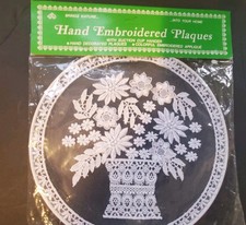 Vintage hand embroidered plaque, metal ring, embroidered applique, 8", NIP