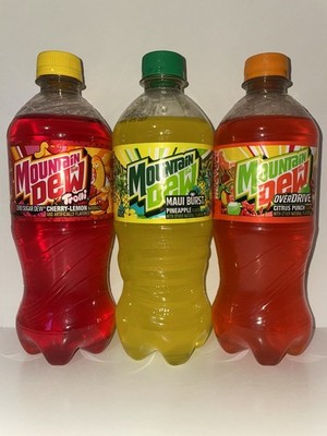3 NEW Exclusive Mountain Dew Unopened Mt Dew 20oz Trolli, Maui Burst, Overdrive 