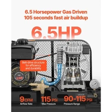 9 Gallon Twin-Tank Gas Powered Air Compressor, 6.5HP 9CFM Gas Driven Air Compres