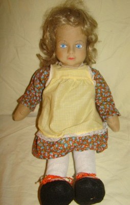Large 20'' Lenci Style Cloth Baby Doll Moulded Face Hand Painted Blonde Wig Red