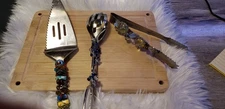 HANDCRAFTED Pie server. tongs, salad serving set w/ Glass Beads, Wire Wrapped