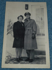 Vtg Photo Older Lady  Young Man In WWII US Army Uniform Stand In Front of House