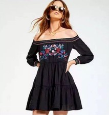 Free People Sunbeams Black Floral Embroidered Off the Shoulder Mini Dress Size M