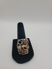 Vintage 925 Sterling Silver Baltic Amber Ring Artisan Modernist Multi Stone SZ 9
