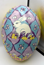 VTG Paper Mache Large 11.5 Easter Egg Candy Container Floral Bunny Yellow Purple