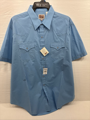 New Men s ELY Cattleman Blue Short Sleeve Pearl Snap 18.5 2XL F-78