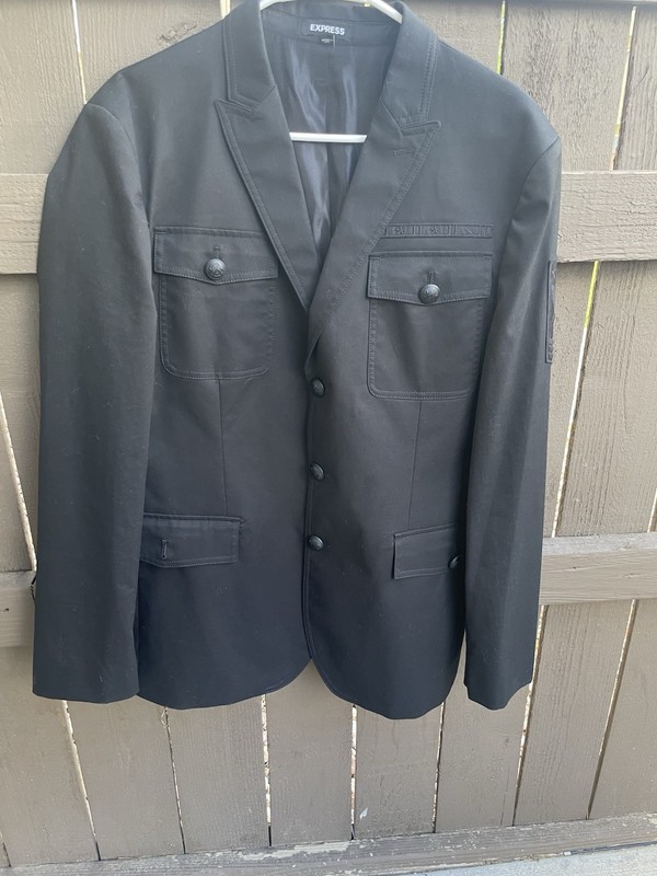 Express Blazer Mens 42R Black Slim Military Arm Badge Star Eagle Detail Jacket