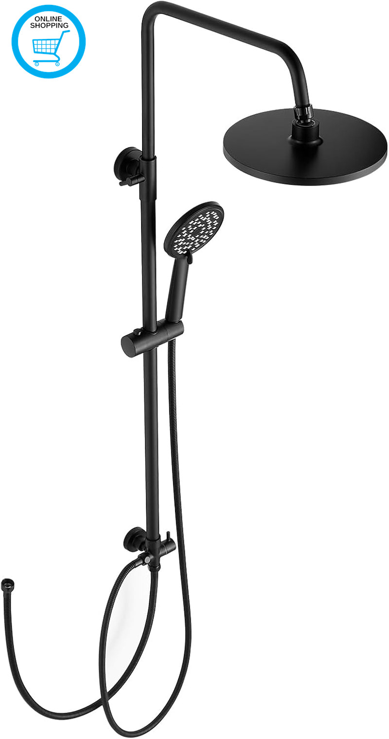 Black Shower Riser Rail Kit,  Shower Mixer Set with 21 * 21Cm Rainfall Head and