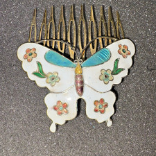 Vintage Cloisonne Enamel Flowers Butterfly Hair Comb Gold Tone White Turquoise