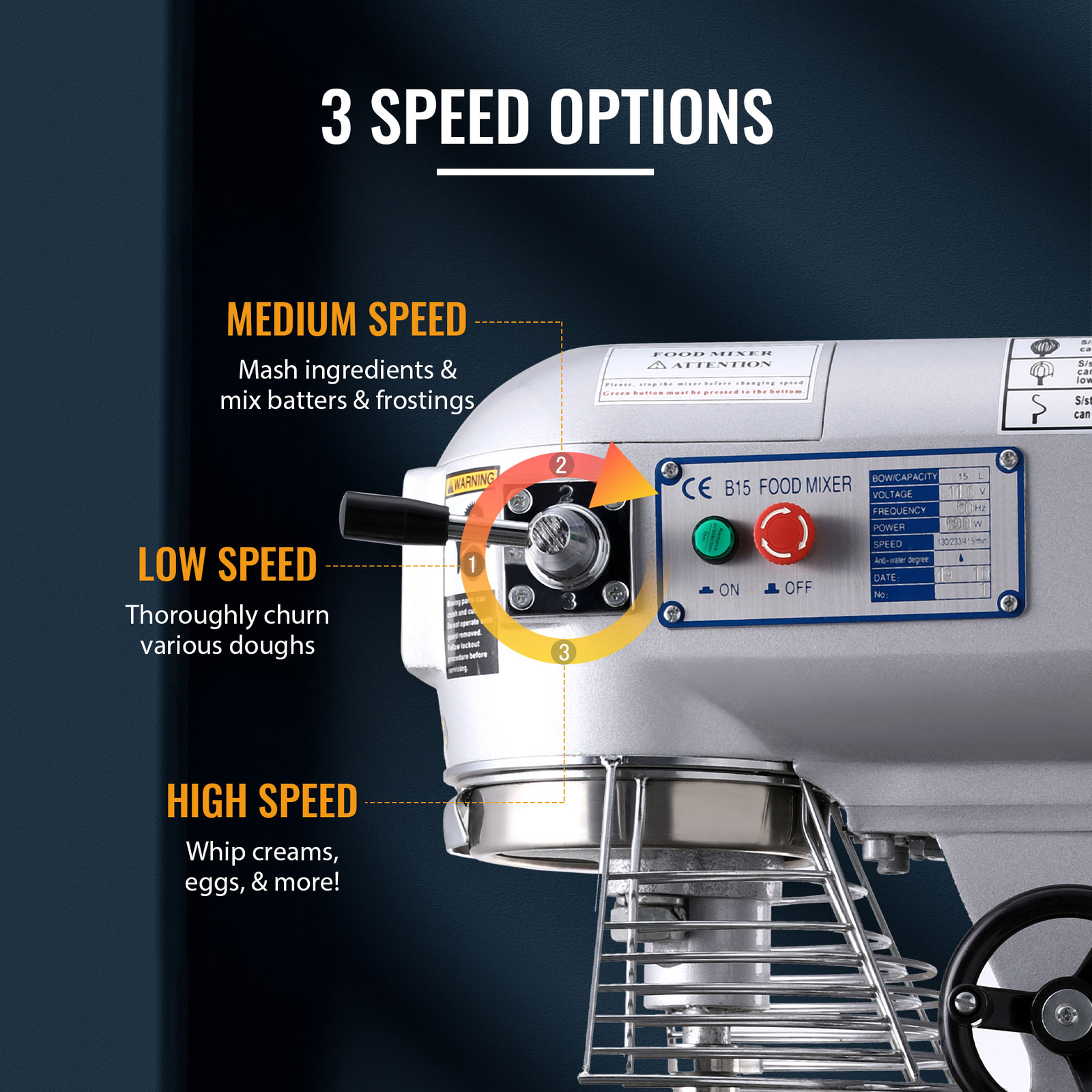 600W Commercial Dough Food Mixer Gear Driven 15Qt Stainless Steel Pizza