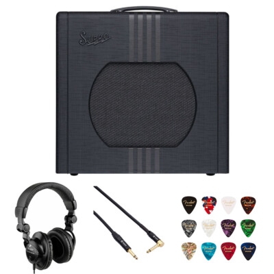Supro Delta King 12, Black/Black Bundle w/ Headphones, Cable, Guitar Picks KIT