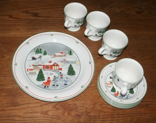 4 Sango Coffee Mugs w/Saucers 1 Platter Silent Night Christmas Ice Skating EUC 