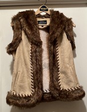 Ladies Zippered Montanaco Faux Fur/faux Suede Tan Vest Jacket W/pockets - Size S