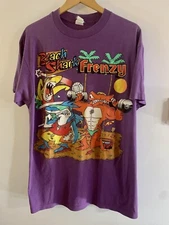 Vintage 90’s Beach Shark Frenzy T-Shirt XL Sun Sportswear Surf Skate Purple 