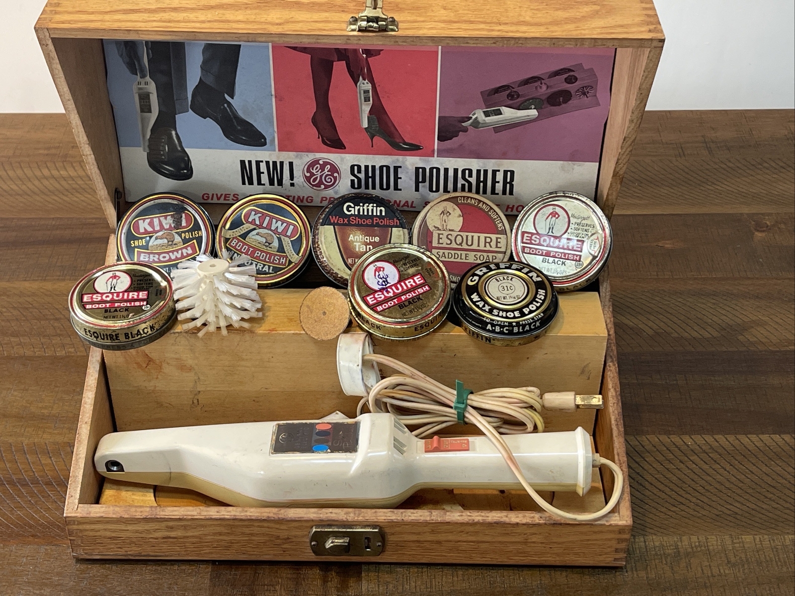 Vintage General Electric Shoe Polisher Kit Wooden Box Polish Buff Set