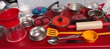 Children's Toy Metal  Plastic Dishes, Pots, Pans, Rolling Pin Vintage 1970s