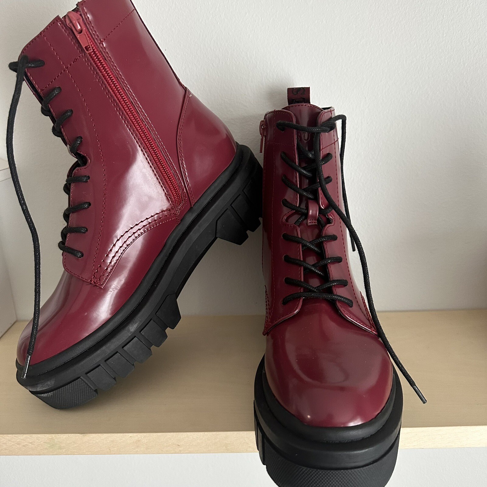 Guess Forster Chunky Sole Burgundy Combat Platform Boots-image