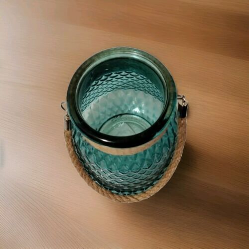 Rustic Blue Glass Lantern Vase - Nautical Rope Handle - Coastal Farmhouse Decor - Picture 2 of 2