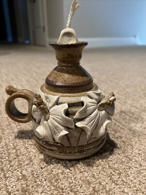 Hand Turned Pottery Oil Burning Luminary Lamp w Applied Flower Boho Design