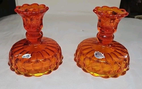 2 Fenton Amberina Glass Candle Holders Vintage Thumbprint Orange UV Reactive
