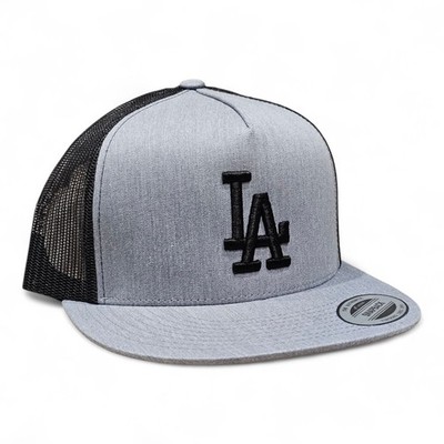 3D LA BLACK Embroidered BLACK & GRAY Flat Bill Snapback Yupoong Trucker Hat NEW