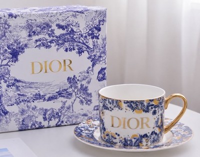 Dior Porcelain Single Coffee Cup And Saucer Set - Floral  With Gold Tone Handle