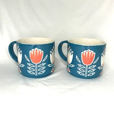 Now Stacking Coffee Tea Mugs Cups Teal White Orange 3D Tulip Flowers - Set Of 2
