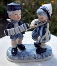 Vintage Holland Delft Blue Dutch Boy & Girl Hand Painted w/ Accordion & Violin