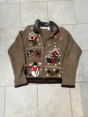 Studio Collection Holiday Embroidered Snowman Zip Cardigan Sweater Brown L