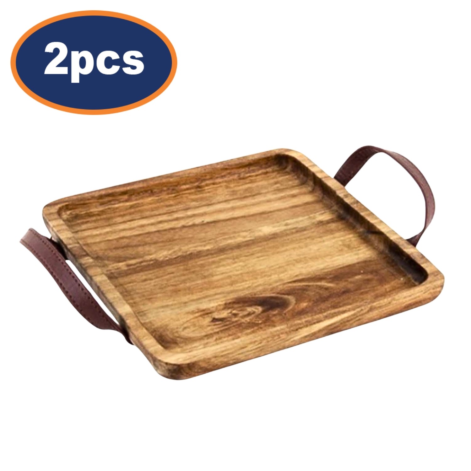 Serving Tray Wood 20.5cm Faux Leather Handle Square Board Food Platter 2Pcs