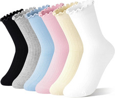 Ruffle Socks for Girls, White Cute Frilly Crew Dress Socks for Kids 6 Pairs Fr