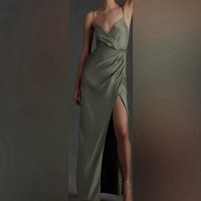 BHLDN Dress Womens 0 Green Midi Freya Satin Charmeuse in Moss Bridesmaid Wedding