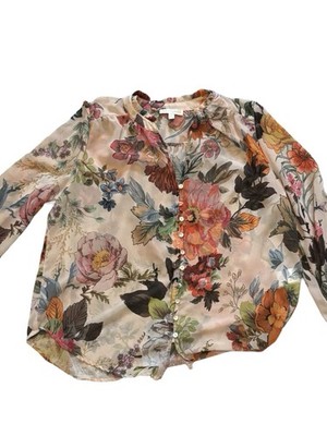 Fig and Flowers Womens Top Size M Roses Floral Button Front Boho 3/4 Sleeve
